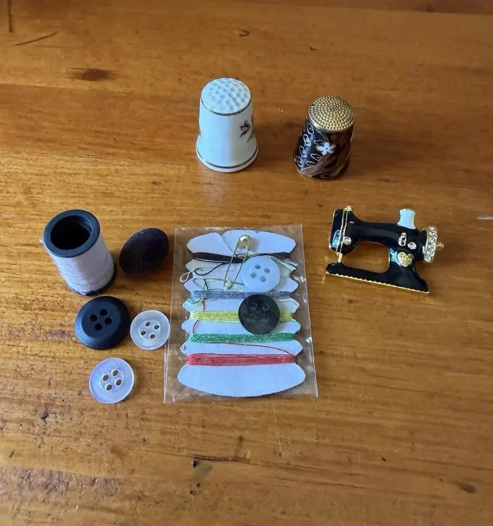 Vintage Sewing Notions Lot Thimbles Sewing Machine Brooch Thread Buttons